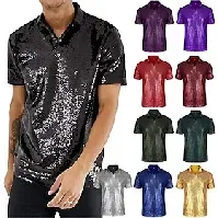 Bilde av 1970-talls disco-t-skjorte for menn kortermet turndown sparkle paljetter poloskjorter 70-tallet 80-tallet disco nattklubb festoverdeler