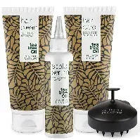 Bilde av 4 produkter mot hodebunnskløe, flass eller tørr hodebunn med Tea Tree Oil
