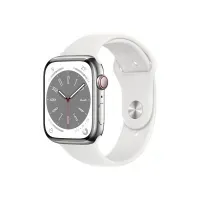 Bilde av Apple Watch Series 8 (GPS + Cellular) - 45 mm - sølv rustfritt stål - smartklokke med sportsbånd - fluorelastomer - hvit - båndbredde: Regular - 32 GB - Wi-Fi, LTE, Bluetooth, UWB - 4G - 51.5 g Sport & Trening - Pulsklokker og Smartklokker - Smartklokker
