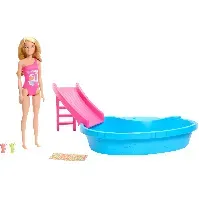 Bilde av Barbie - Doll And Pool Playset, Blonde With Pool, Slide, Towel And Drink Accessories (HRJ74) - Leker