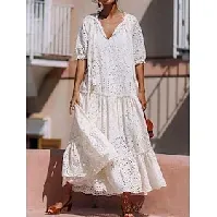 Bilde av Dame Hvit kjole Maxikjole Drapering Gatemote Maxi V-hals Halvlange ermer Hvit Farge