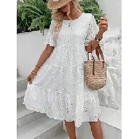 Bilde av Dame Hvit kjole Midikjole Blonde Lapper Gatemote Fritid V-hals Kortermet Hvit Farge