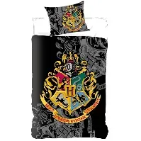 Bilde av Harry Potter sengetøy - 140x200 cm - Harry Potter - Gullfarget Hogwarts våpenskjold - 2 i 1 design - 100% bomull Sengetøy , Barnesengetøy , Barne sengetøy 140x200 cm