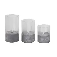 Bilde av Led stearinlys - 3 stk. i Sylinderglass - Bunn med sementlook - 3D flammer --Ikke synlige sider-- , Pynteting