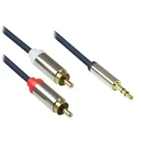 Bilde av Lydtilkoblingskabel høykvalitets 3,5 mm, jackplugg til 2x RCA-plugger, helmetallhus, mørkeblå, 5m, gode tilkoblinger (GC-M0061) PC tilbehør - Kabler og adaptere - Skjermkabler