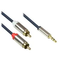 Bilde av Lydtilkoblingskabel høykvalitets 3,5 mm, jackplugg til 2x RCA-plugger, helmetallhus, mørkeblå, 5m, gode tilkoblinger (GC-M0061) PC tilbehør - Kabler og adaptere - Skjermkabler
