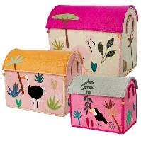 Bilde av Rice - Large Set of 3 Toy Baskets Pink Jungle Theme - Baby og barn