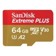 Bilde av SanDisk Extreme PLUS - Flashminnekort (microSDXC til SD-adapter inkludert) - 64 GB - A2 / Video Class V30 / UHS-I U3 / Class10 - microSDXC UHS-I Foto og video - Foto- og videotilbehør - Minnekort