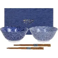 Bilde av Tokyo Design Studio Nippon Blue skålsett + spisepinner, prikker/bølger Skålsett