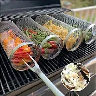 Bilde av rullende grillkurv - sus304 rustfritt stål grillmatlaging grillrist - utendørs rund bbq bål grillrist - camping piknik kokekar