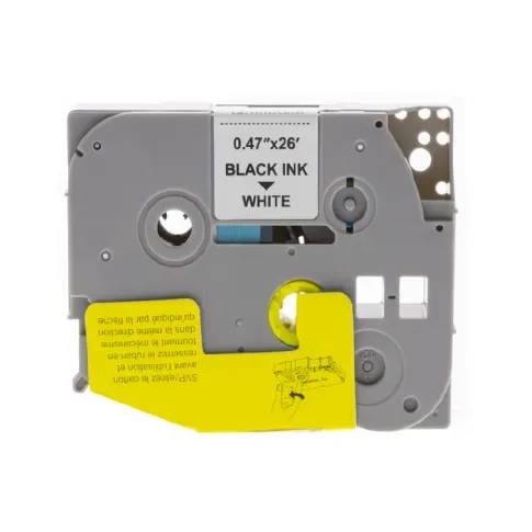 Bilde av best pris 12 mm tape, svart tekst med hvit bunn, laminert, lengde 8m Tapekassett