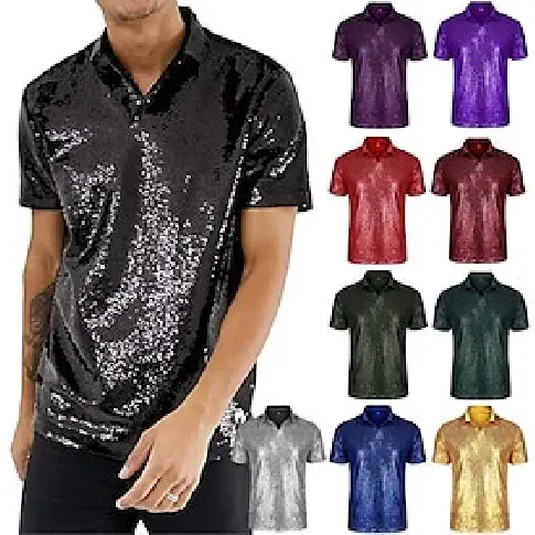 Bilde av best pris 1970-talls disco-t-skjorte for menn kortermet turndown sparkle paljetter poloskjorter 70-tallet 80-tallet disco nattklubb festoverdeler