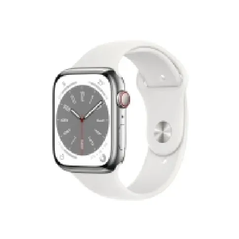 Bilde av best pris Apple Watch Series 8 (GPS + Cellular) - 45 mm - sølv rustfritt stål - smartklokke med sportsbånd - fluorelastomer - hvit - båndbredde: Regular - 32 GB - Wi-Fi, LTE, Bluetooth, UWB - 4G - 51.5 g Sport & Trening - Pulsklokker og Smartklokker - Smartklokker
