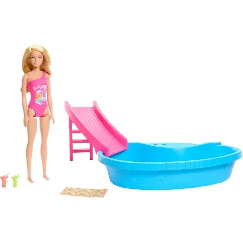 Bilde av best pris Barbie - Doll And Pool Playset, Blonde With Pool, Slide, Towel And Drink Accessories (HRJ74) - Leker
