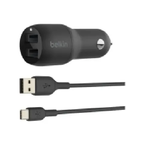Bilde av best pris Belkin BoostCharge Dual Charger - Bilstrømadapter - 24 watt - 4.8 A - 2 utgangskontakter (USB) - på kabel: USB-C - svart Tele & GPS - Batteri & Ladere - Billader
