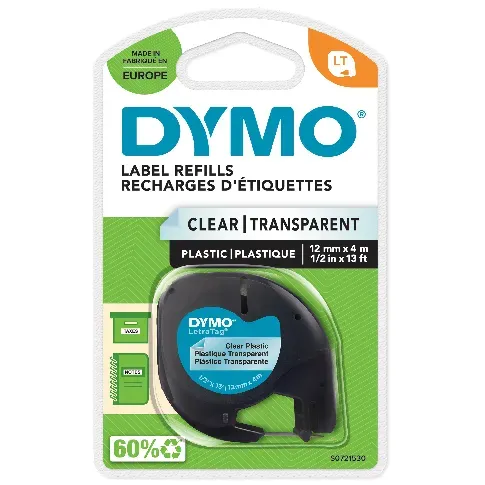 Bilde av best pris DYMO - LetraTag® Tape Plastic 12mm x 4m black on clear (S0721530) - Kontor og skoleutstyr