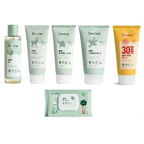 Bilde av best pris Derma - Eco Baby Shampoo/Bath 150 ml + Oil 150 ml + Cream 100 ml + Ointment 100 ml + Sun Lotion SPF 30 150 ml + Wet Wipes 64 pcs - Skjønnhet