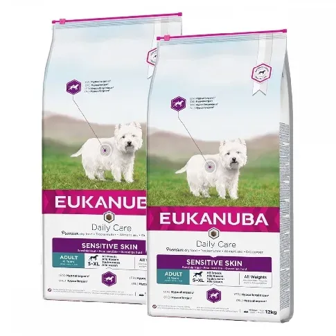 Bilde av best pris Eukanuba Daily Care Adult Sensitive Skin 2 x 12kg Hund - Hundemat - Spesialfôr - Hundefôr til følsom hud