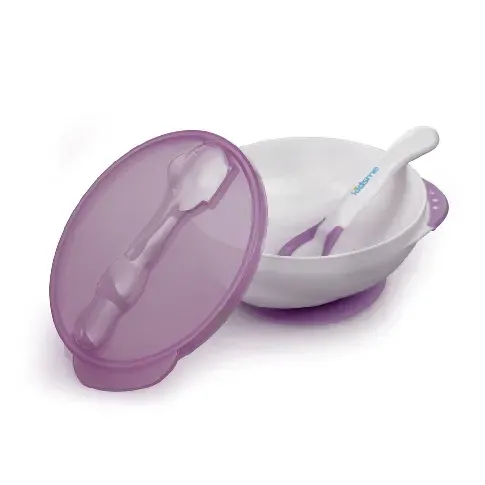 Bilde av best pris Kidsme - Deep plate with suction cup and temperature spoon Plum - Baby og barn