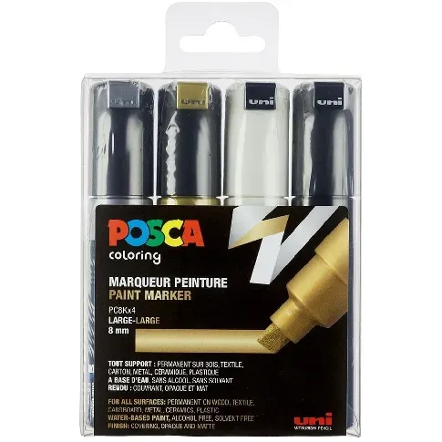 Bilde av best pris Posca - PC8K - Broad Tip Pen - Gold, Silver, Black and White, 4 pc - Leker