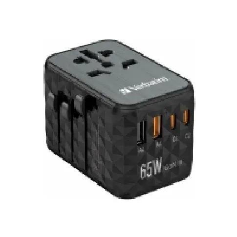 Bilde av best pris Verbatim UTA-05 - Strømadapter - GaN III, universal - 65 watt - 5 A - Apple Fast Charge, Fast Charge, PD 3.0, QC 3.0, QC 4+, Super Charge, BC 1.2, PD/PPS - 4 utgangskontakter (2 x USB, 2 x USB-C) - svart Tele & GPS - Batteri & Ladere - Ladere